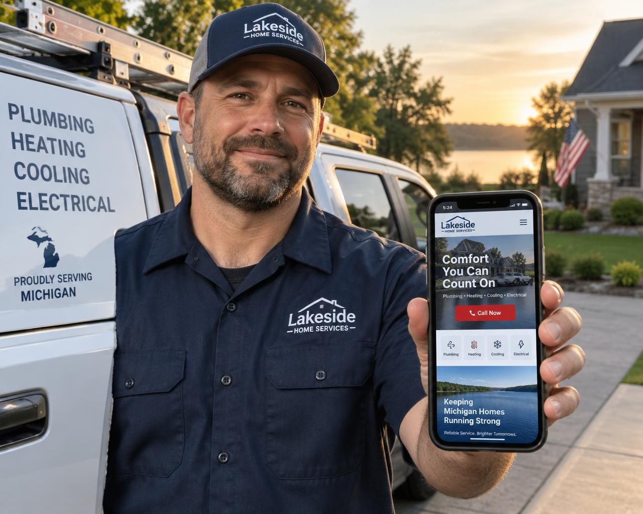 Local plumbing and HVAC owner holding a phone showing his new mobile-friendly business website with a Call Now button